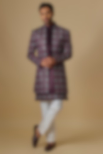 Wine Silk Machine Embroidered Open Jacket Set by Nero By Shaifali & Satya at Pernia's Pop Up Shop