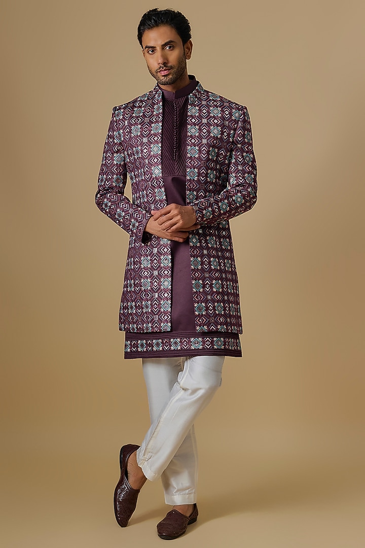 Wine Silk Machine Embroidered Open Jacket Set by Nero By Shaifali & Satya at Pernia's Pop Up Shop