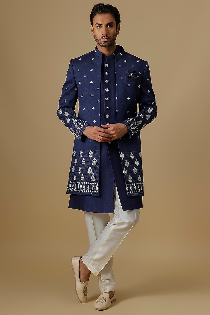 Blue Silk Machine Embroidered Open Jacket Set by Nero By Shaifali & Satya at Pernia's Pop Up Shop
