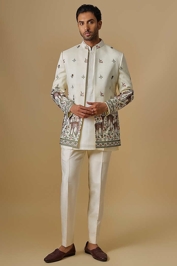 Ivory Silk Machine Embroidered Open Jacket Set by Nero by Shaifali & Satya at Pernia's Pop Up Shop