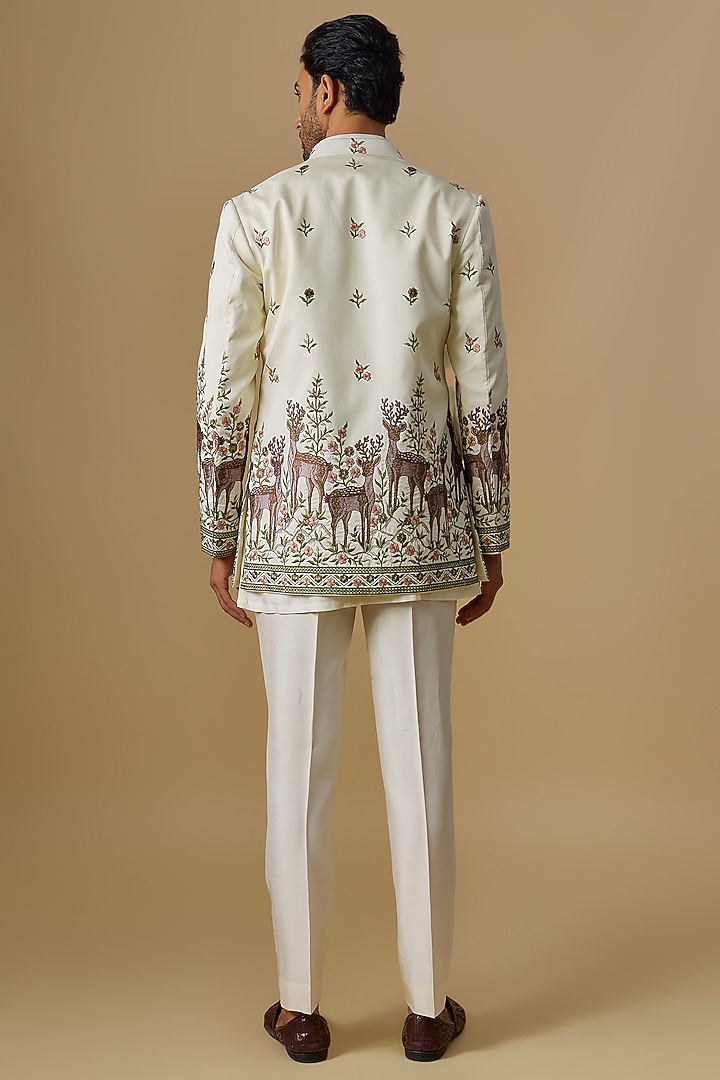 Ivory Silk Machine Embroidered Open Jacket Set by Nero by Shaifali & Satya at Pernia's Pop Up Shop