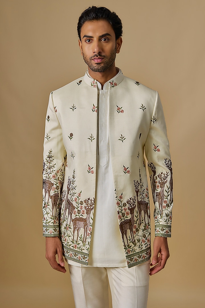 Ivory Silk Machine Embroidered Open Jacket Set by Nero by Shaifali & Satya at Pernia's Pop Up Shop
