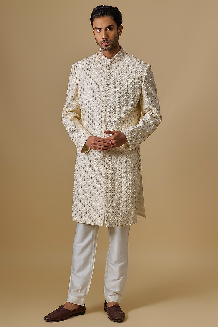 Ivory Lucknowi Applique Handwork Sherwani Set by Nero By Shaifali & Satya