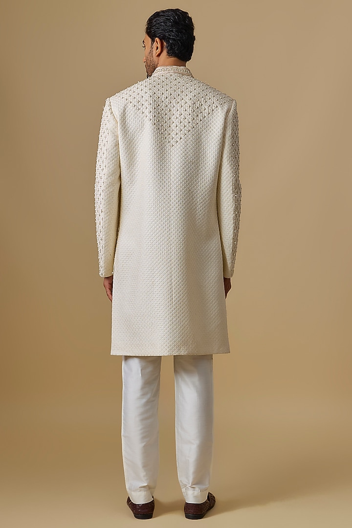 Ivory Lucknowi Applique Handwork Groom Sherwani Set by Nero by Shaifali & Satya at Pernia's Pop Up Shop