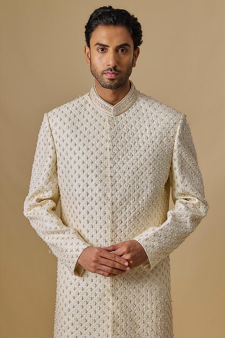 Ivory Lucknowi Applique Handwork Groom Sherwani Set by Nero by Shaifali & Satya at Pernia's Pop Up Shop