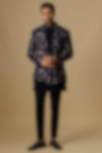 Black Velvet Machine Embroidered Open Jacket Set by Nero By Shaifali & Satya