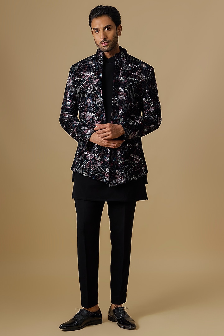 Black Velvet Machine Embroidered Open Jacket Set by Nero By Shaifali & Satya