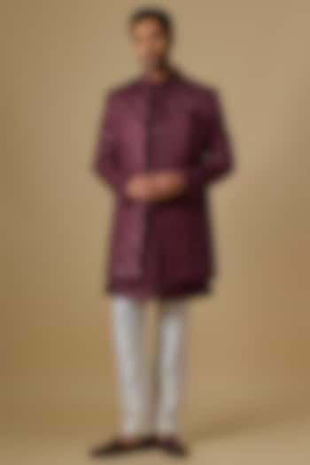 Wine Silk Machine Embroidered Open Jacket Set by Nero By Shaifali & Satya at Pernia's Pop Up Shop