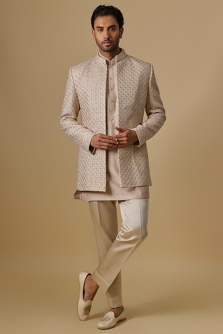Pink Lucknowi Cutdana Handwork Open Jacket Set by Nero By Shaifali & Satya