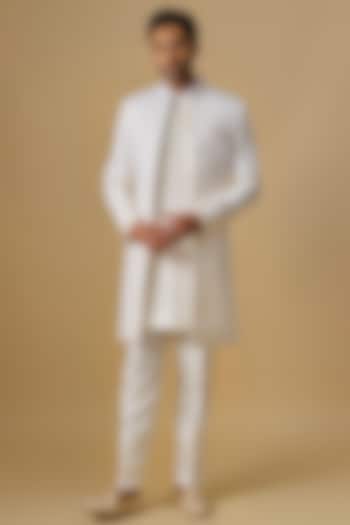 White Silk Machine Embroidered Open Jacket Set by Nero By Shaifali & Satya at Pernia's Pop Up Shop