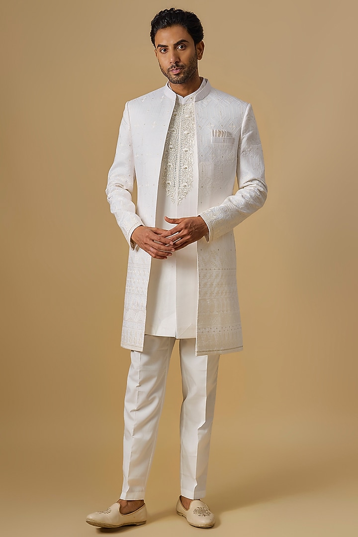 White Silk Machine Embroidered Open Jacket Set by Nero By Shaifali & Satya at Pernia's Pop Up Shop