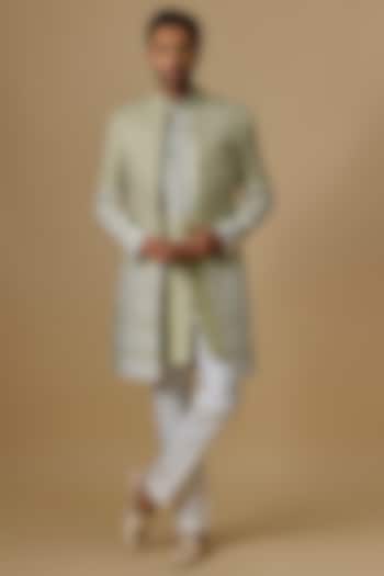 Green Silk Machine Embroidered Open Jacket Set by Nero By Shaifali & Satya at Pernia's Pop Up Shop