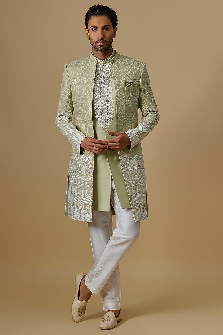 Green Silk Machine Embroidered Open Jacket Set by Nero By Shaifali & Satya at Pernia's Pop Up Shop