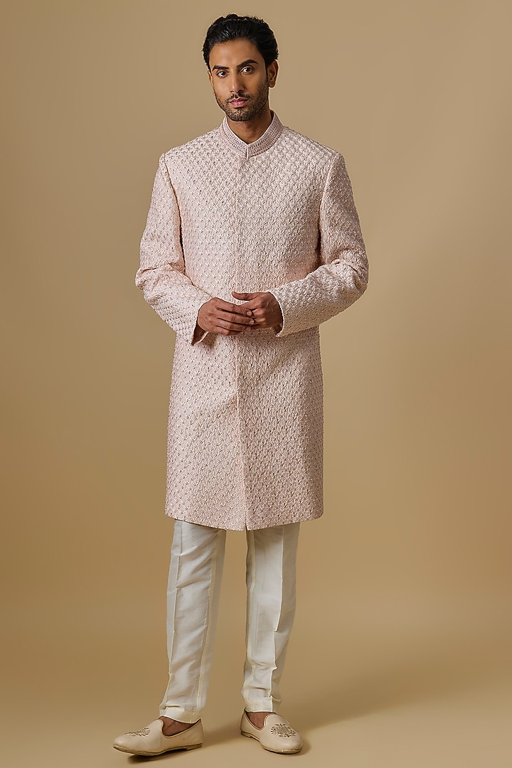 Pink Lucknowi Zardosi Handwork Sherwani Set by Nero By Shaifali & Satya