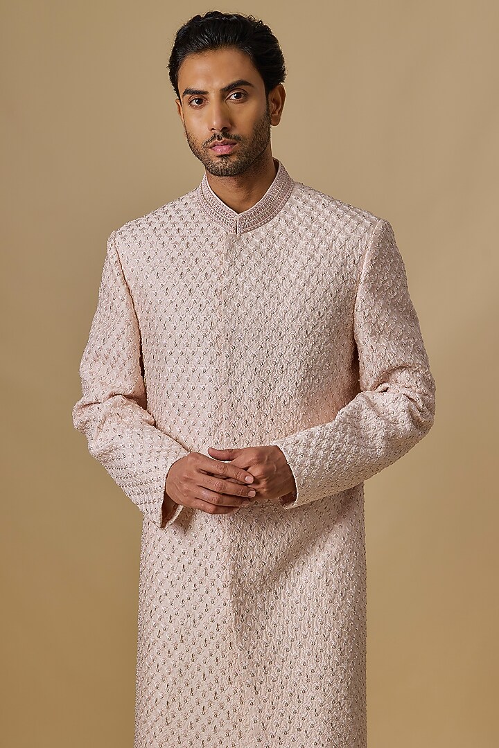 Pink Lucknowi Zardosi Handwork Groom Sherwani Set by Nero by Shaifali & Satya at Pernia's Pop Up Shop