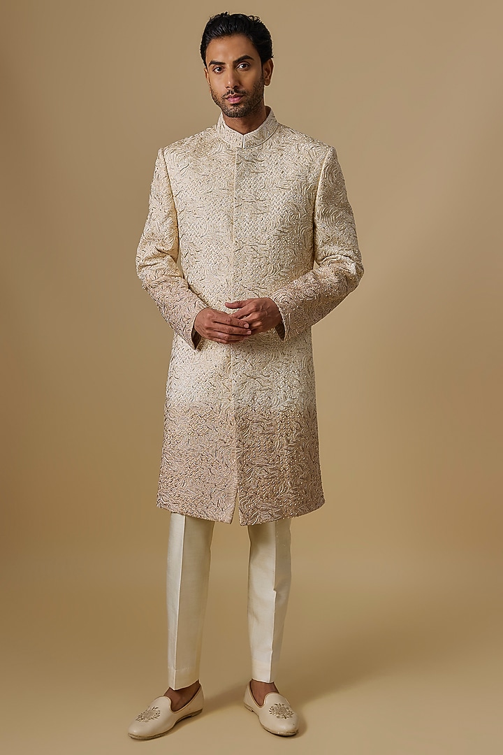 Beige Lucknowi Zardosi Handwork Sherwani Set by Nero By Shaifali & Satya