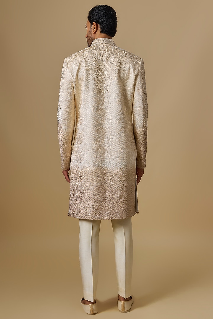 Beige Lucknowi Zardosi Handwork Groom Sherwani Set by Nero by Shaifali & Satya at Pernia's Pop Up Shop
