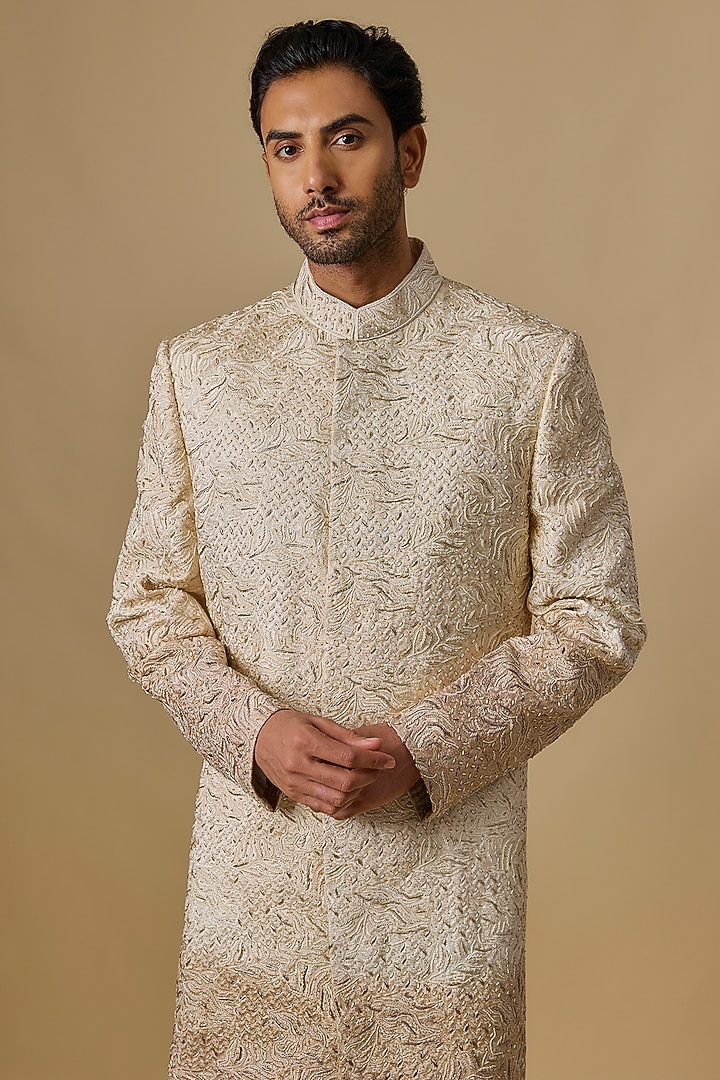 Beige Lucknowi Zardosi Handwork Groom Sherwani Set by Nero by Shaifali & Satya at Pernia's Pop Up Shop