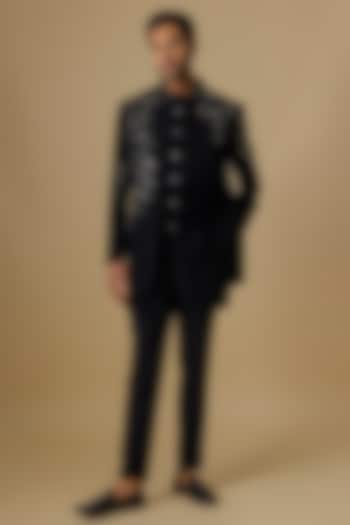 Black Boomario Fabric Applique Handwork Open Jacket Set by Nero By Shaifali & Satya