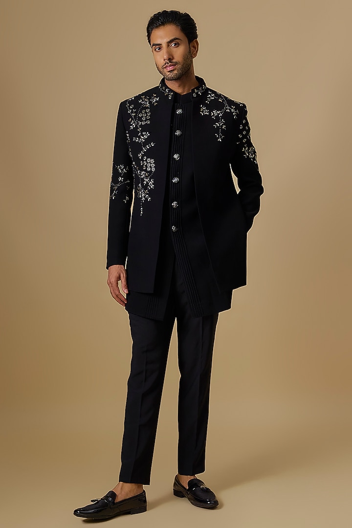 Black Boomario Fabric Applique Handwork Open Jacket Set by Nero By Shaifali & Satya