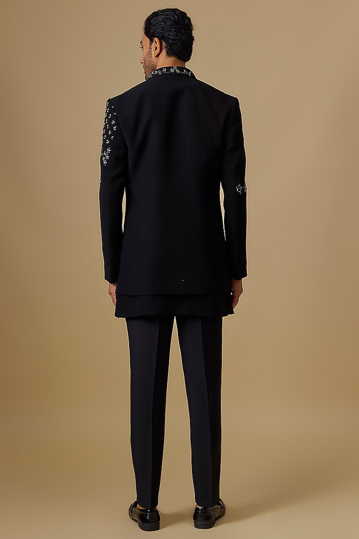 Black Boomario Fabric Applique Handwork Open Jacket Set by Nero by Shaifali & Satya at Pernia's Pop Up Shop