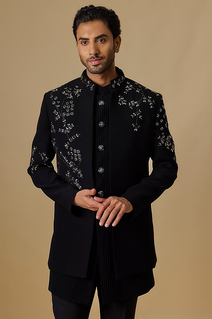 Black Boomario Fabric Applique Handwork Open Jacket Set by Nero by Shaifali & Satya at Pernia's Pop Up Shop