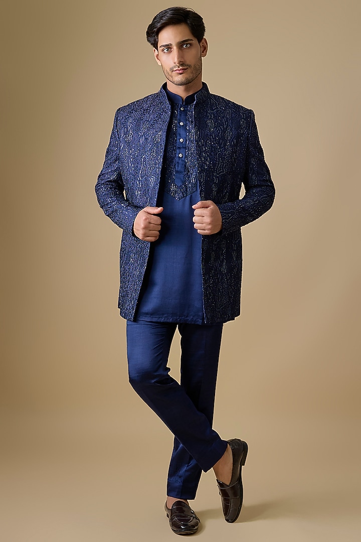 Dark Blue Silk Indowestern Set by Nero by Shaifali & Satya