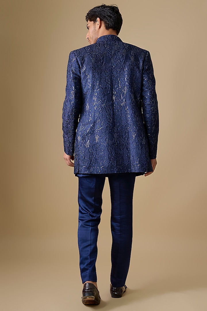 Dark Blue Silk Wedding Indowestern Set by Nero by Shaifali & Satya at Pernia's Pop Up Shop