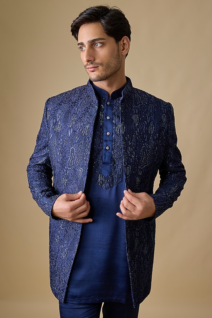 Dark Blue Silk Wedding Indowestern Set by Nero by Shaifali & Satya at Pernia's Pop Up Shop