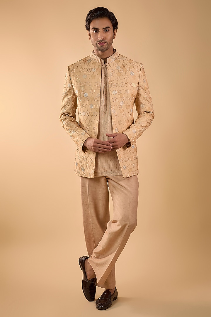 Peach Silk Cutdana Handwork Open Jacket Set by Nero by Shaifali & Satya at Pernia's Pop Up Shop