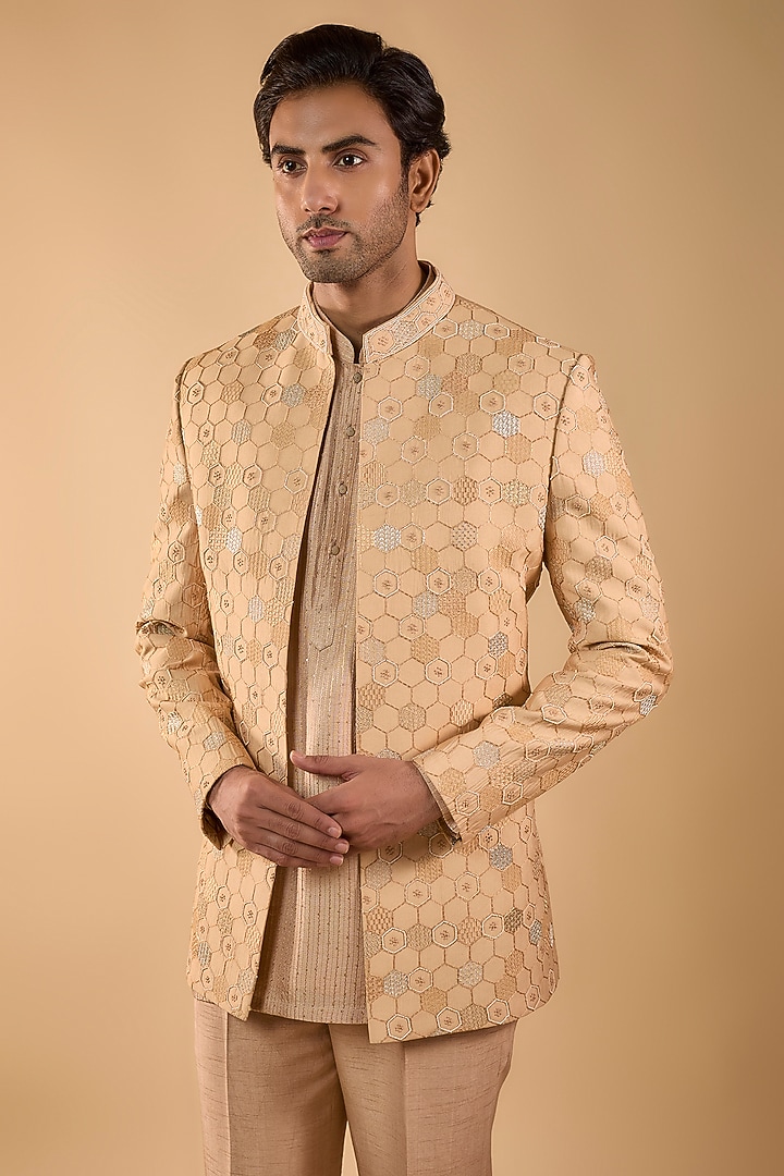 Peach Silk Cutdana Handwork Open Jacket Set by Nero by Shaifali & Satya at Pernia's Pop Up Shop