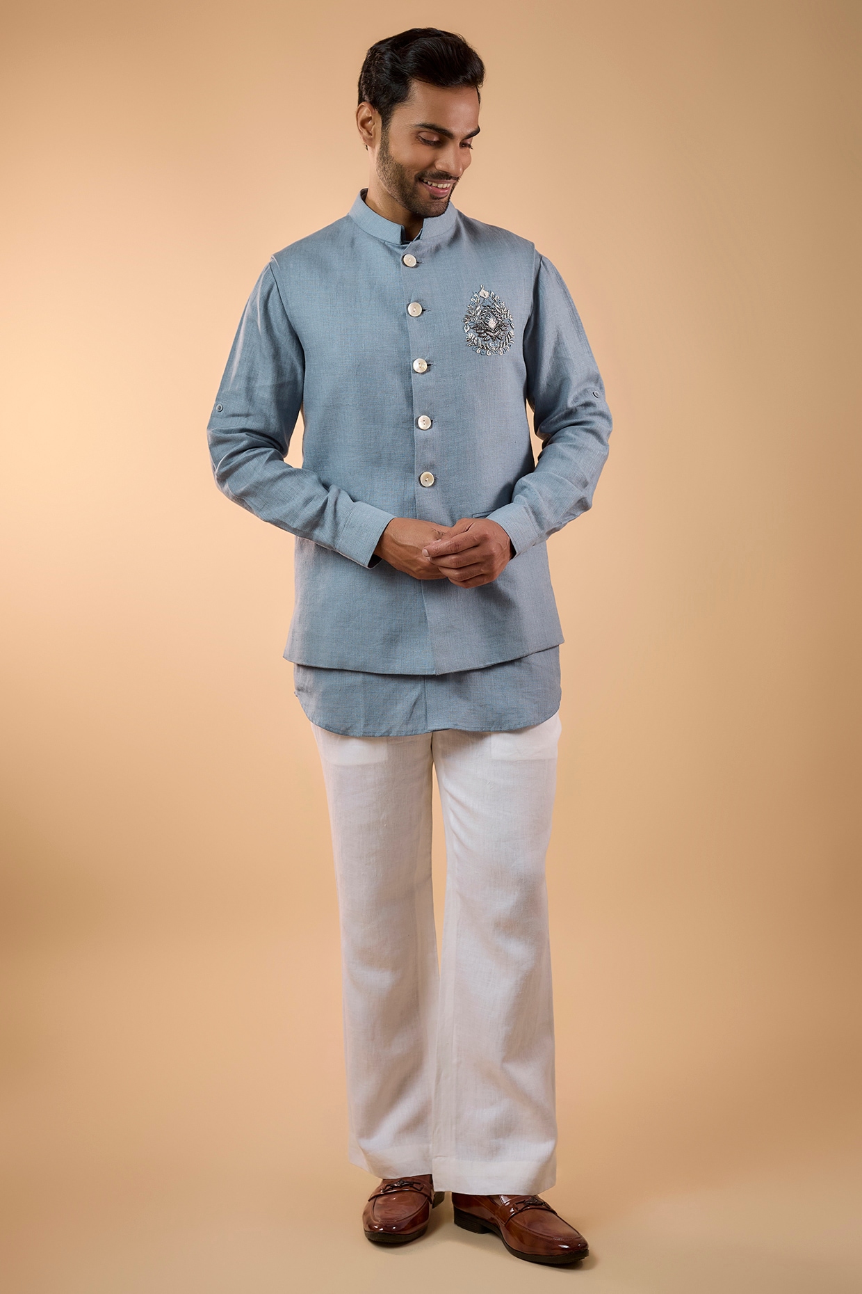 Nero by Shaifali & Satya Light Blue Linen Thread Work Bundi Jacket Set