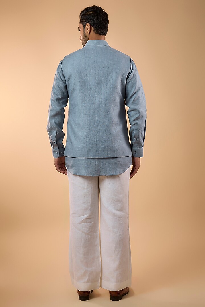 Light Blue Linen Thread Work Bundi Jacket Set by Nero by Shaifali & Satya at Pernia's Pop Up Shop