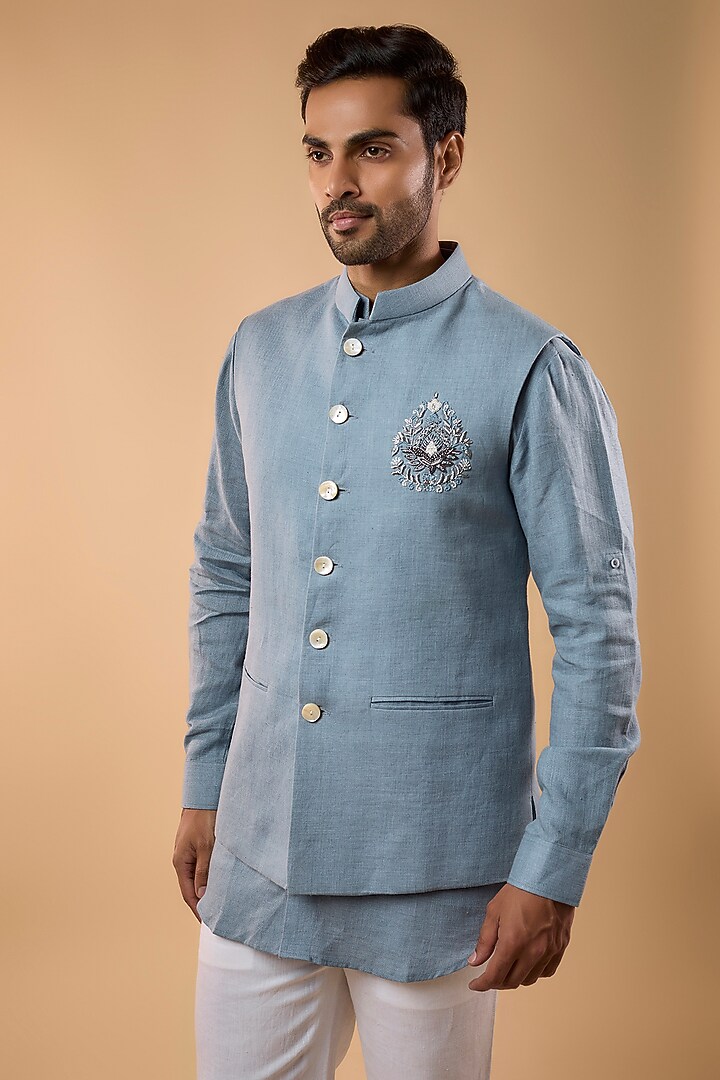 Light Blue Linen Thread Work Bundi Jacket Set by Nero by Shaifali & Satya at Pernia's Pop Up Shop