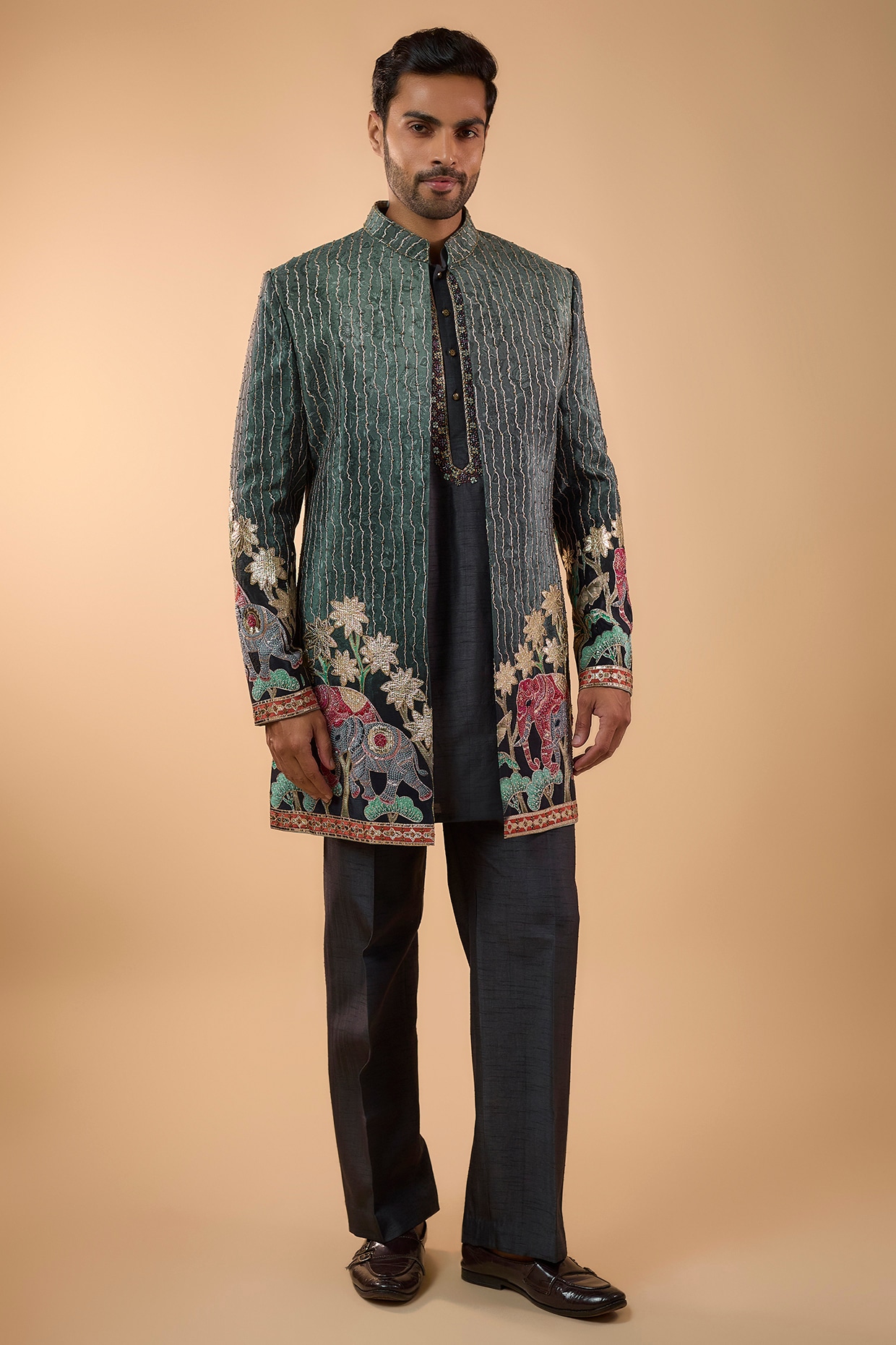 Nero by Shaifali & Satya Grey Silk Cutdana Handwork Open Jacket Set