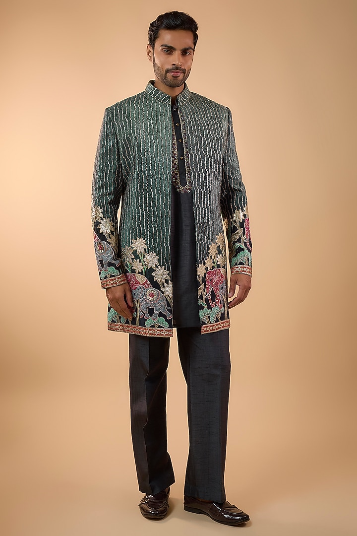 Grey Silk Cutdana Handwork Open Jacket Set by Nero by Shaifali & Satya at Pernia's Pop Up Shop