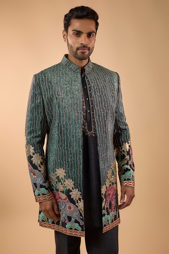 Grey Silk Cutdana Handwork Open Jacket Set by Nero by Shaifali & Satya at Pernia's Pop Up Shop