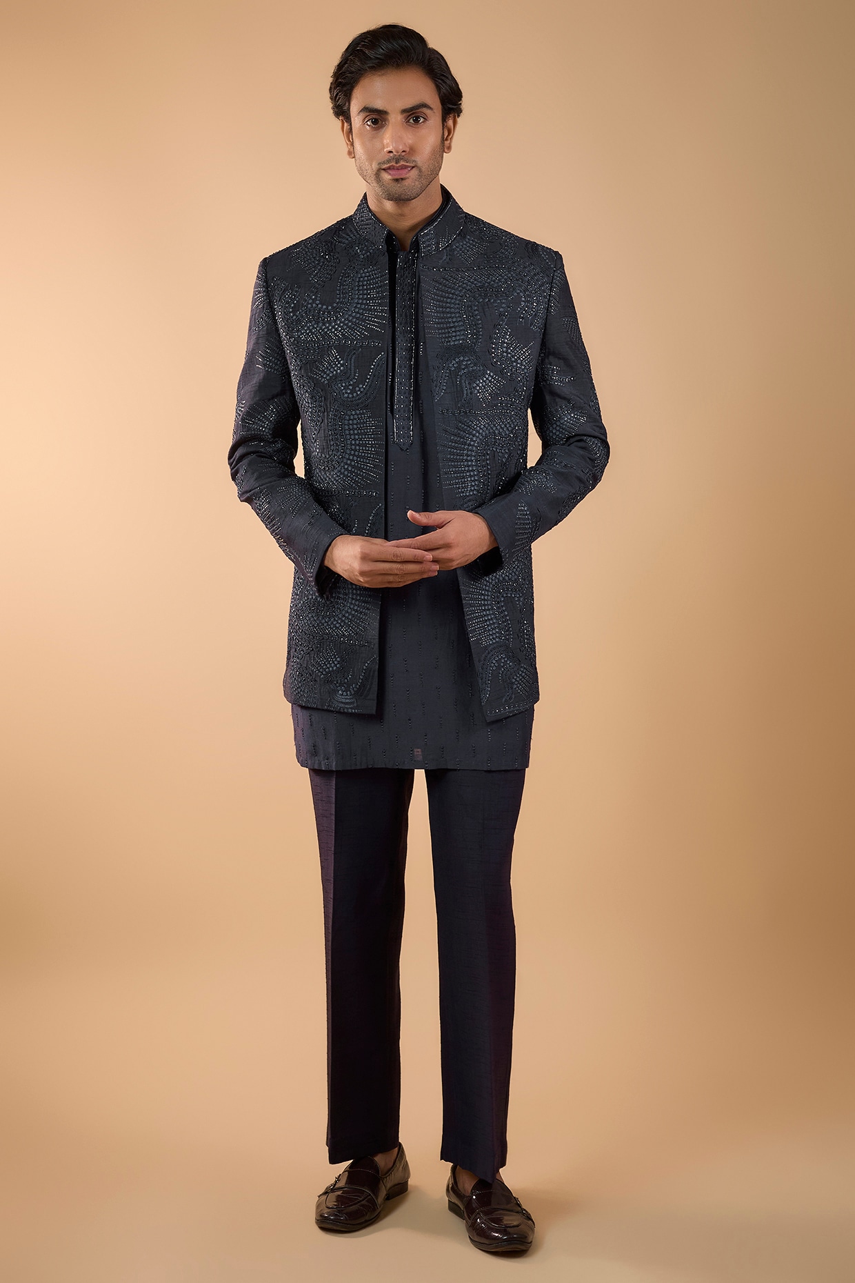 Nero by Shaifali & Satya Midnight Blue Lucknowi Cutdana Handwork Open Jacket Set