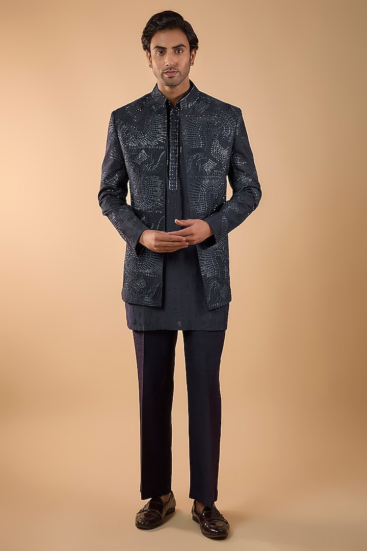 Midnight Blue Lucknowi Cutdana Handwork Open Jacket Set by Nero by Shaifali & Satya at Pernia's Pop Up Shop