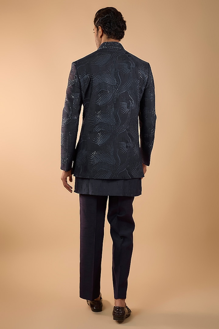 Midnight Blue Lucknowi Cutdana Handwork Open Jacket Set by Nero by Shaifali & Satya at Pernia's Pop Up Shop
