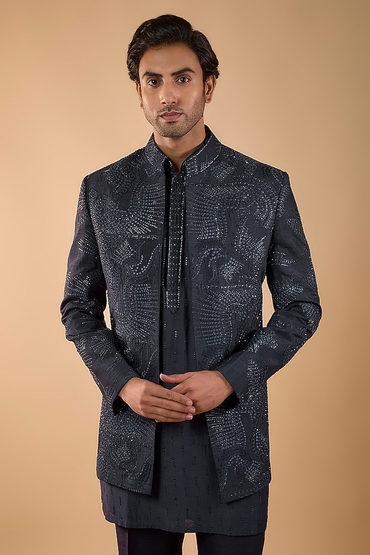 Midnight Blue Lucknowi Cutdana Handwork Open Jacket Set by Nero by Shaifali & Satya at Pernia's Pop Up Shop
