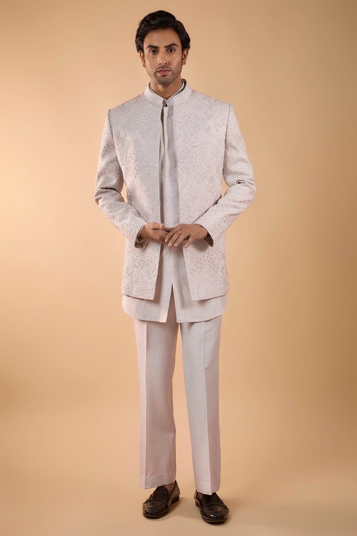 Nero by Shaifali & Satya Lilac Lucknowi Cutdana Handwork Open Jacket Set
