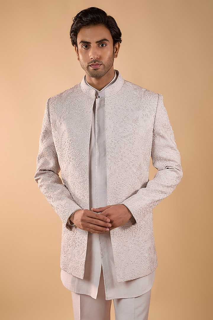 Lilac Lucknowi Cutdana Handwork Open Jacket Set by Nero by Shaifali & Satya at Pernia's Pop Up Shop