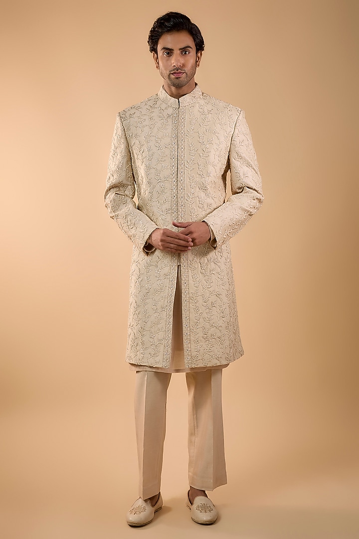 Beige Chanderi Hand Work Groom Sherwani Set by Nero by Shaifali & Satya at Pernia's Pop Up Shop