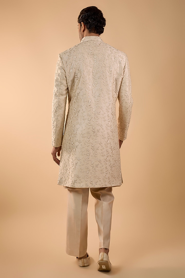 Beige Chanderi Hand Work Groom Sherwani Set by Nero by Shaifali & Satya at Pernia's Pop Up Shop