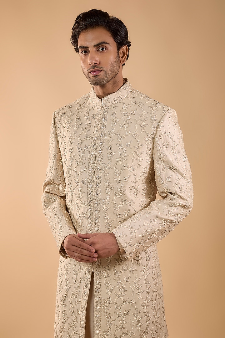 Beige Chanderi Hand Work Groom Sherwani Set by Nero by Shaifali & Satya at Pernia's Pop Up Shop