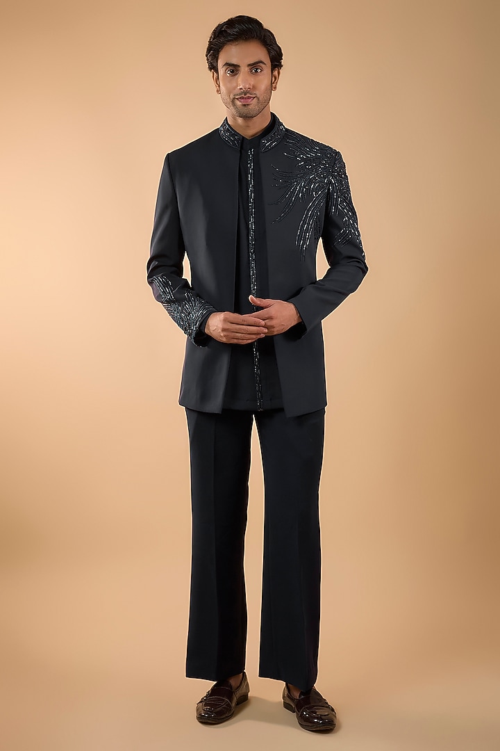 Midnight Blue Boomario Fabric Cutdana Handwork Open Jacket Set by Nero by Shaifali & Satya at Pernia's Pop Up Shop