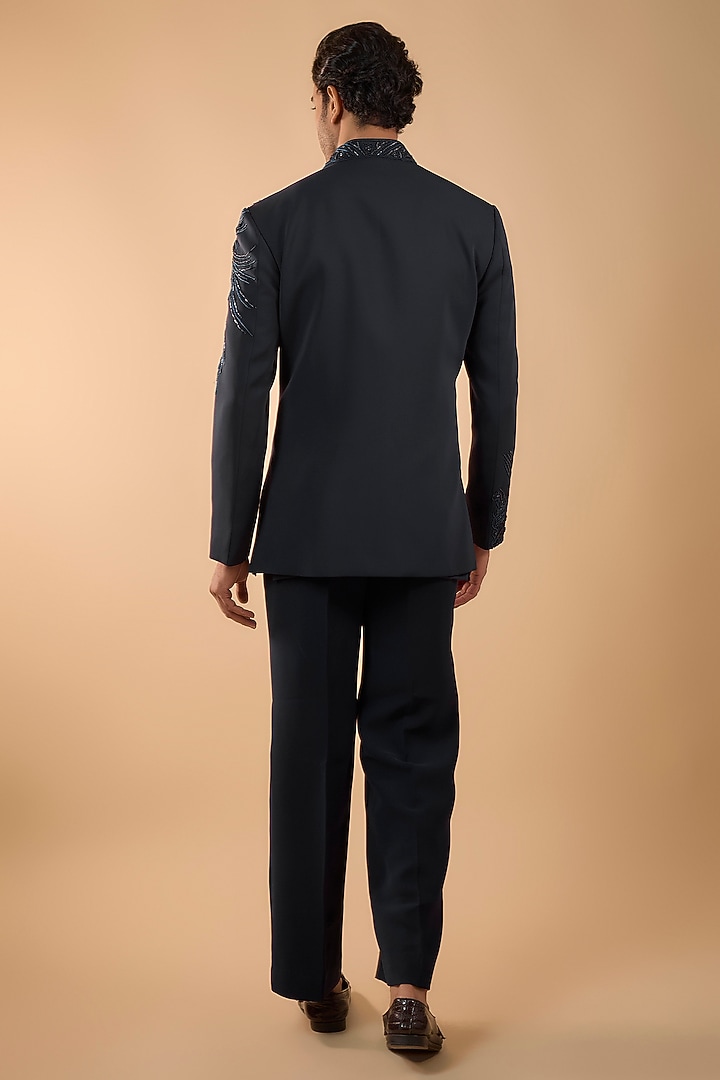 Midnight Blue Boomario Fabric Cutdana Handwork Open Jacket Set by Nero by Shaifali & Satya at Pernia's Pop Up Shop