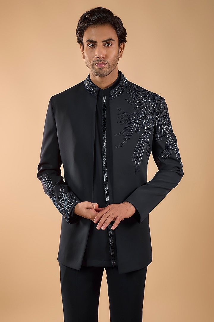 Midnight Blue Boomario Fabric Cutdana Handwork Open Jacket Set by Nero by Shaifali & Satya at Pernia's Pop Up Shop