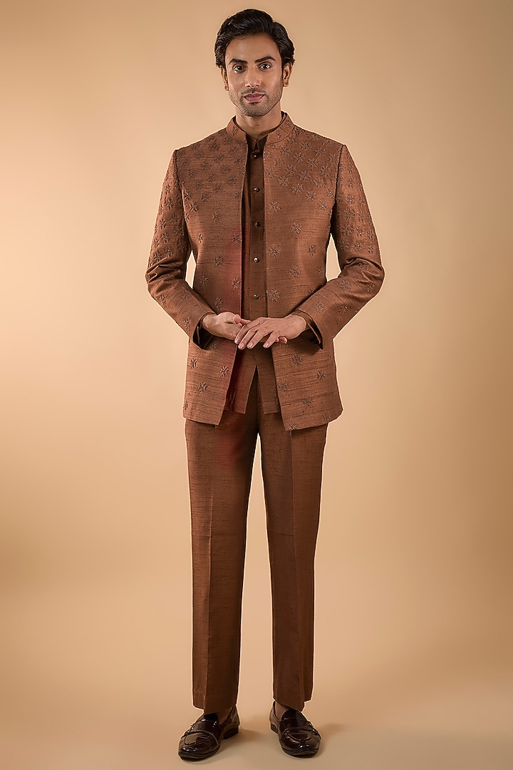 Brown Raw Silk Bead Handwork Open Jacket Set by Nero by Shaifali & Satya at Pernia's Pop Up Shop